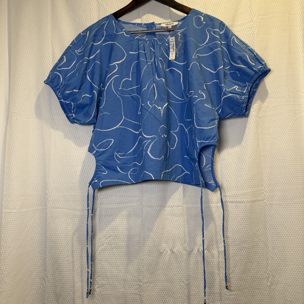 NWT Madewell Poplin Puff-Sleeve Smocked Crop Top in Linear Bloom Blue Size XL